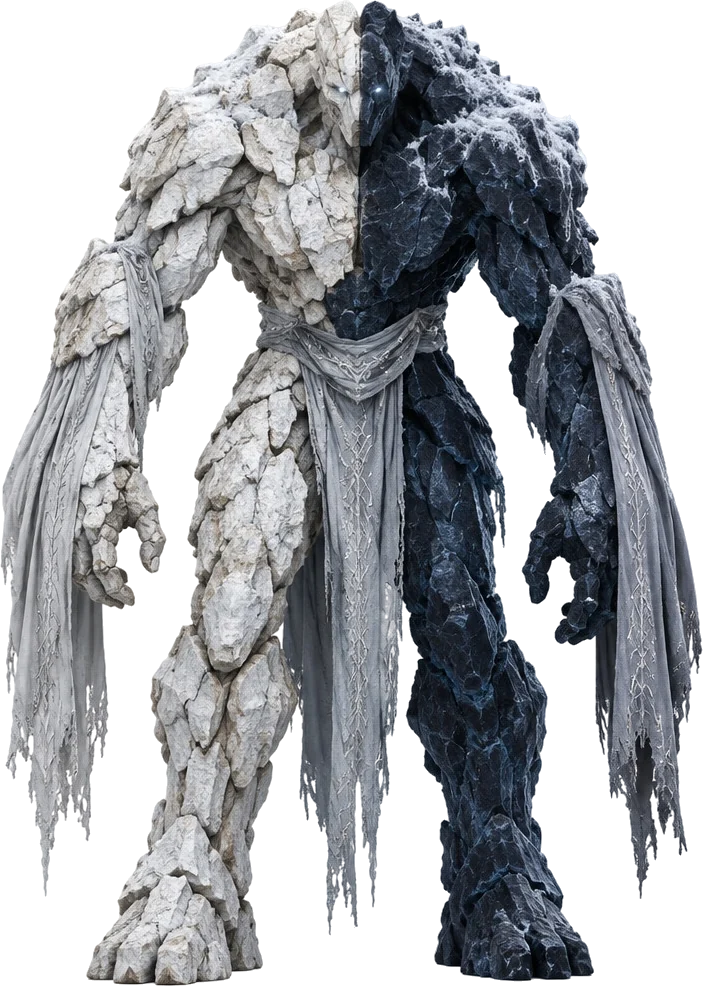 Duskline Colossus, raksasa batu yang separuh tubuhnya batu putih dan separuh lagi batu sabak biru hitam, kain sutra abu tergantung dari lengannya.