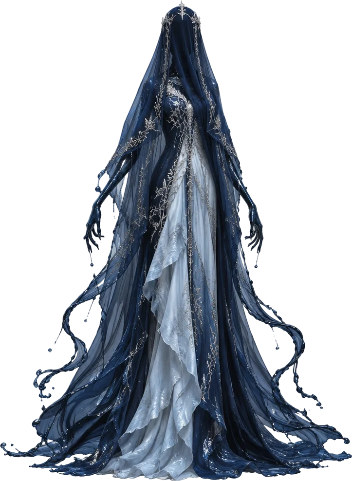 The Inkwater Bride, sosok pengantin berkerudung dari air gelap dan sutra biru tinta yang mengurai menjadi pita cair di kakinya.