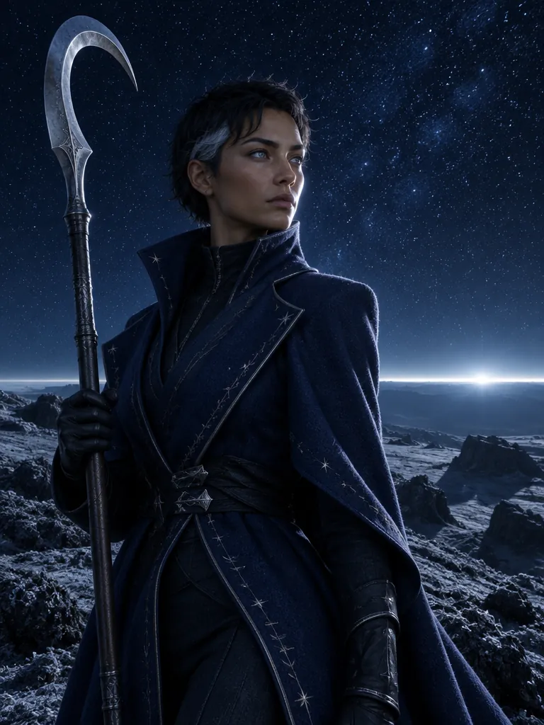 Lise Corvo bermantel biru tinta memegang tombak berkait di bawah langit berbintang sisi gelap, wajahnya disapu garis cahaya siang yang jauh.